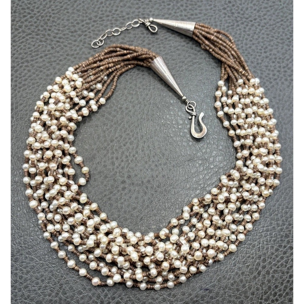 VTGMulti-Strand Heishi Shell & Freshwater Pearl Necklace Sterling Silver 19"